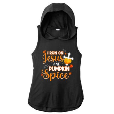 I Run On Jesus And Pumpkin Spice Christian Thanksgiving Ladies PosiCharge Tri-Blend Wicking Draft Hoodie Tank