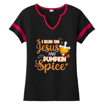 I Run On Jesus And Pumpkin Spice Christian Thanksgiving Ladies Halftime Notch Neck Tee