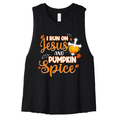 I Run On Jesus And Pumpkin Spice Christian Thanksgiving Women's Racerback Cropped Tank