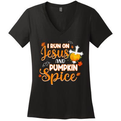 I Run On Jesus And Pumpkin Spice Christian Thanksgiving Women's V-Neck T-Shirt