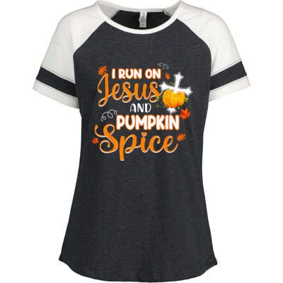 I Run On Jesus And Pumpkin Spice Christian Thanksgiving Enza Ladies Jersey Colorblock Tee