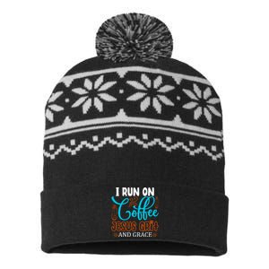 I Run On Coffee Jesus Grit And Grace USA-Made Snowflake Beanie