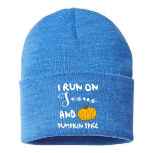 I Run On Jesus And Pumpkin Spice Gift Sustainable Knit Beanie