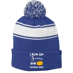 I Run On Jesus And Pumpkin Spice Gift Stripe Pom Pom Beanie