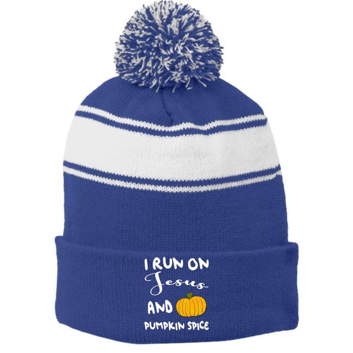 I Run On Jesus And Pumpkin Spice Gift Stripe Pom Pom Beanie