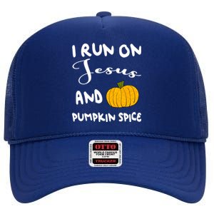 I Run On Jesus And Pumpkin Spice Gift High Crown Mesh Back Trucker Hat