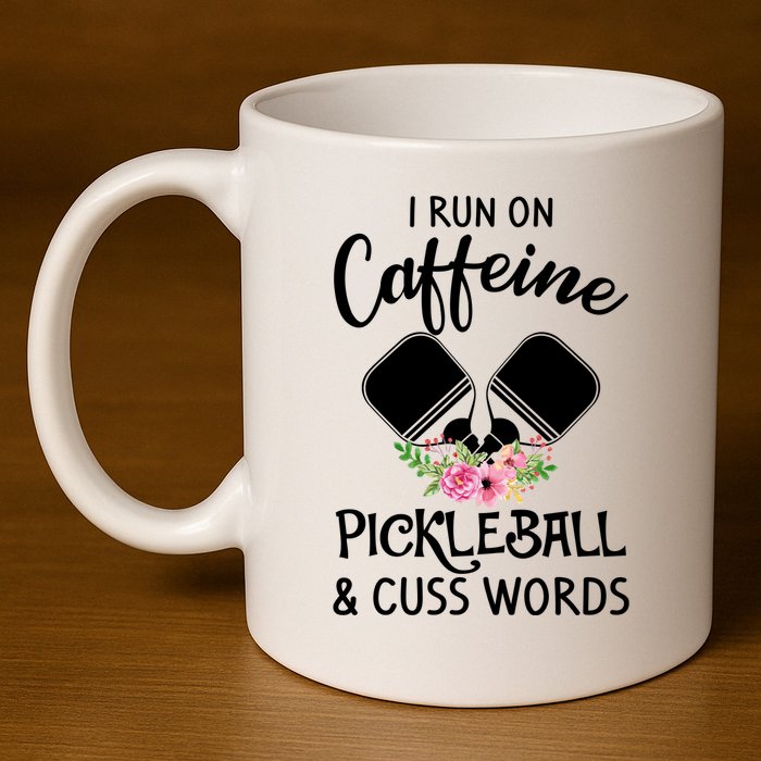 I RUN ON CAFFEINE PICKLEBALL 11oz C Handle Ceramic Mug