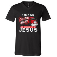 I Run On Caffeine Christian Trucker Semi Truck Driver V-Neck T-Shirt