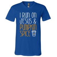 I Run On Jesus And Pumpkin Spice Gift Fall Season Funny Gift V-Neck T-Shirt