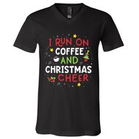 I Run On Coffee And Christmas Cheer Xmas Caffeine V-Neck T-Shirt