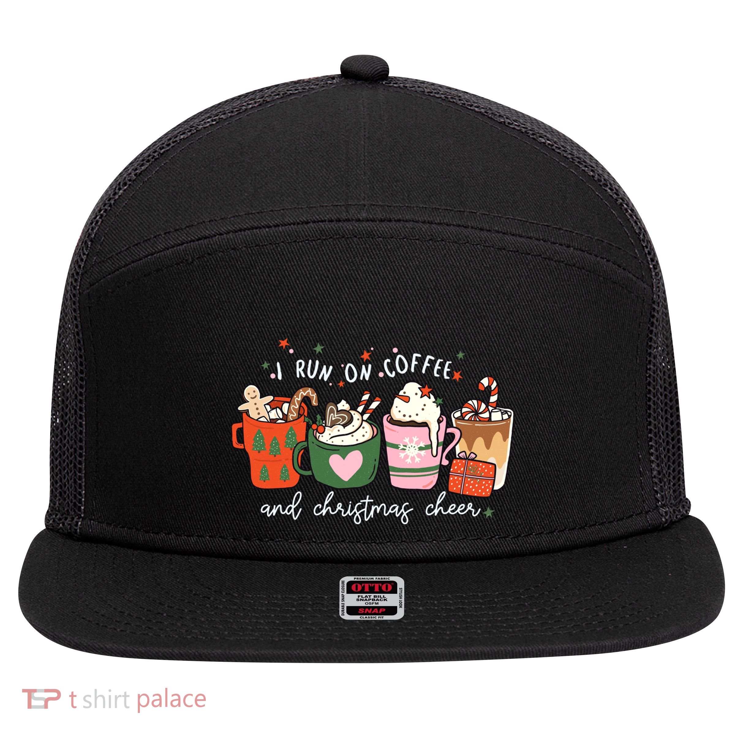 I Run On Coffee And Christmas Cheer Snowing Xmas Coffee Cups Meaningful Gift 7 Panel Mesh Trucker Snapback Hat