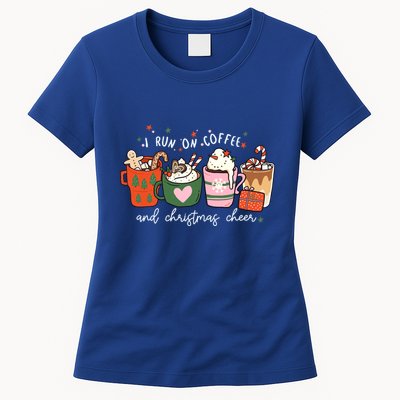 I Run On Coffee And Christmas Cheer Snowing Xmas Coffee Cups Meaningful Gift Womens T-Shirt