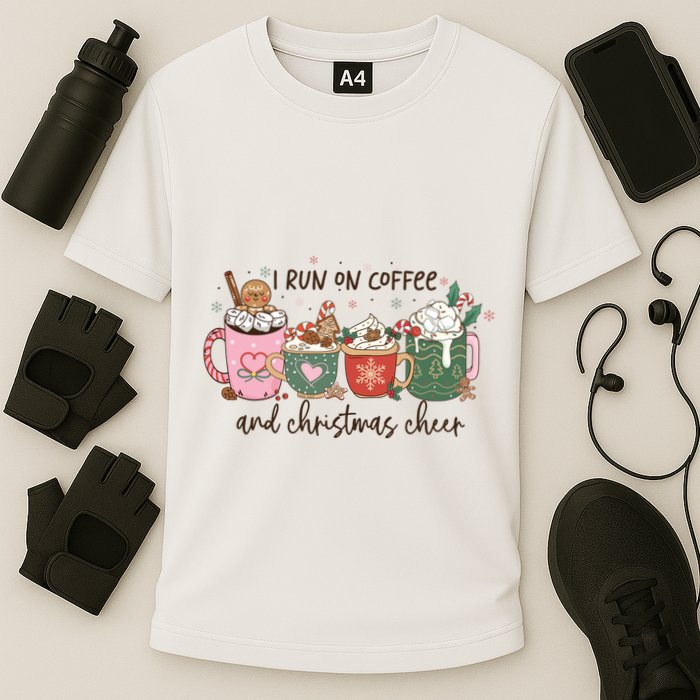 I Run On Coffee And Christmas Cheer Cute Holiday Cooling Performance Crew T-Shirt