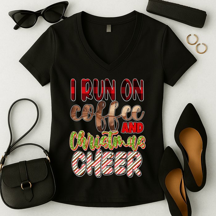 I Run On Coffee And Christmas Cheer Women's V-Neck T-Shirt