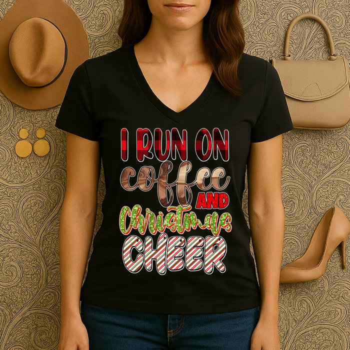 I Run On Coffee And Christmas Cheer Women's V-Neck T-Shirt