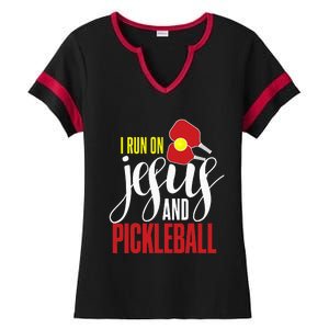 i run on jesus and pickleball Christian Pickleballer Ladies Halftime Notch Neck Tee