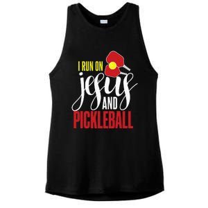 i run on jesus and pickleball Christian Pickleballer Ladies PosiCharge Tri-Blend Wicking Tank