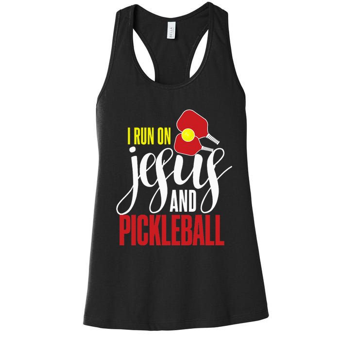 i run on jesus and pickleball Christian Pickleballer Women's Racerback Tank