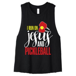 i run on jesus and pickleball Christian Pickleballer Women's Racerback Cropped Tank