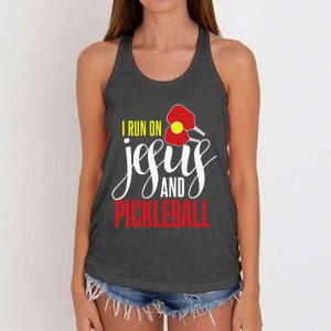 i run on jesus and pickleball Christian Pickleballer Women's Knotted Racerback Tank