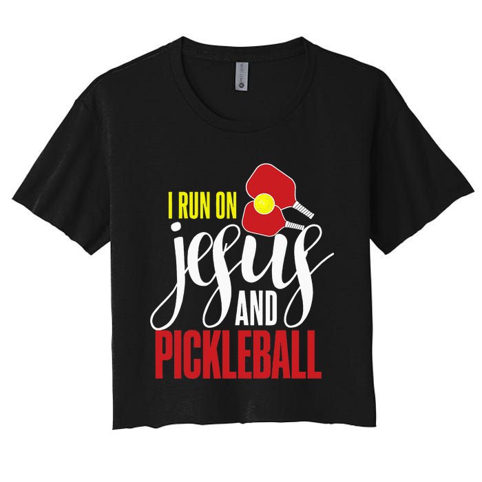 i run on jesus and pickleball Christian Pickleballer Women's Crop Top Tee