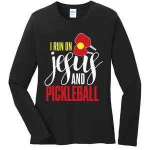 i run on jesus and pickleball Christian Pickleballer Ladies Long Sleeve Shirt