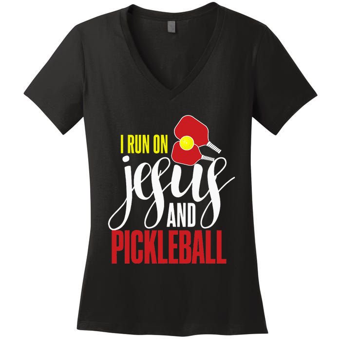 i run on jesus and pickleball Christian Pickleballer Women's V-Neck T-Shirt