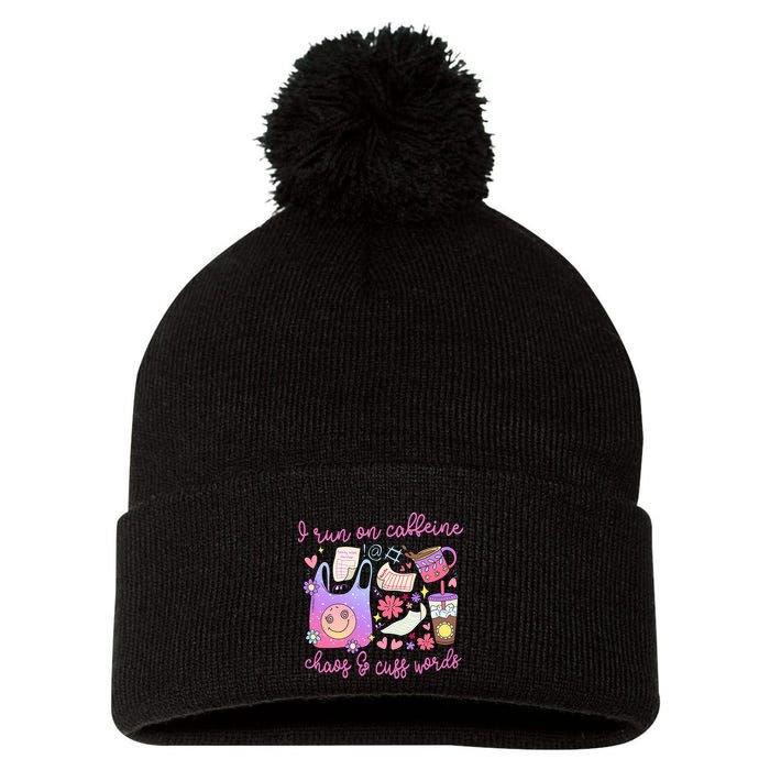 I Run On Caffeine Chaos And Cuss Words Pom Pom 12in Knit Beanie