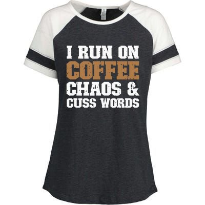 I Run On Coffee Chaos and Cuss Words Coffee Lover Enza Ladies Jersey Colorblock Tee