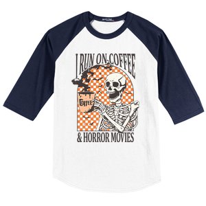 I Run On Coffee And Horror Movies Skeleton Halloween Baseball Sleeve Shirt