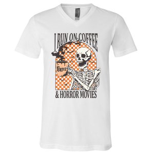 I Run On Coffee And Horror Movies Skeleton Halloween V-Neck T-Shirt