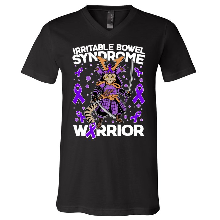 Irritable Bowel Syndrome Warrior Samurai Cat V-Neck T-Shirt