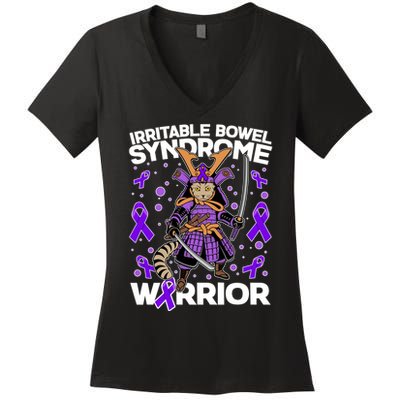 Irritable Bowel Syndrome Warrior Samurai Cat Women's V-Neck T-Shirt