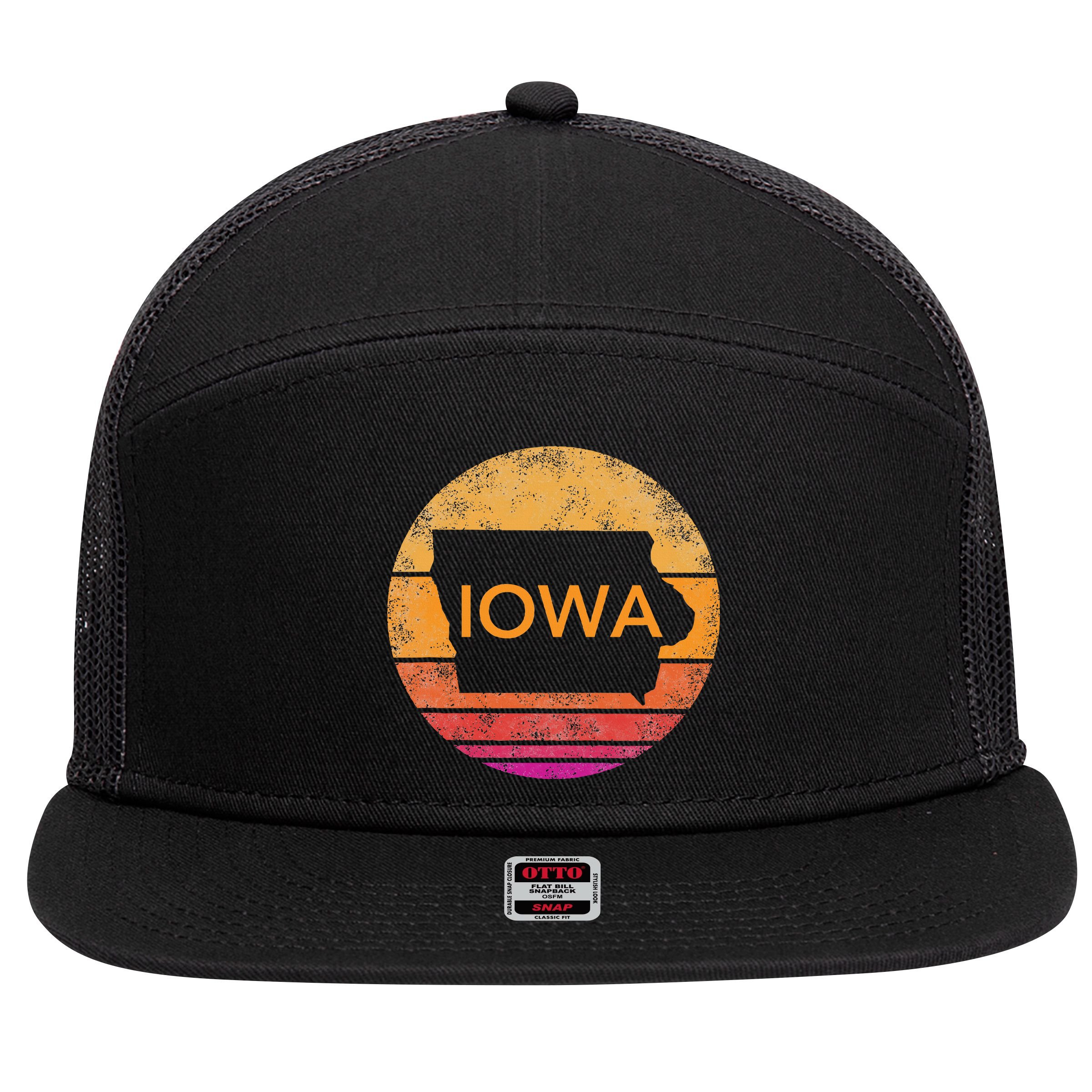 Iowa Retro Sunset  State Of Iowa Outline 7 Panel Mesh Trucker Snapback Hat