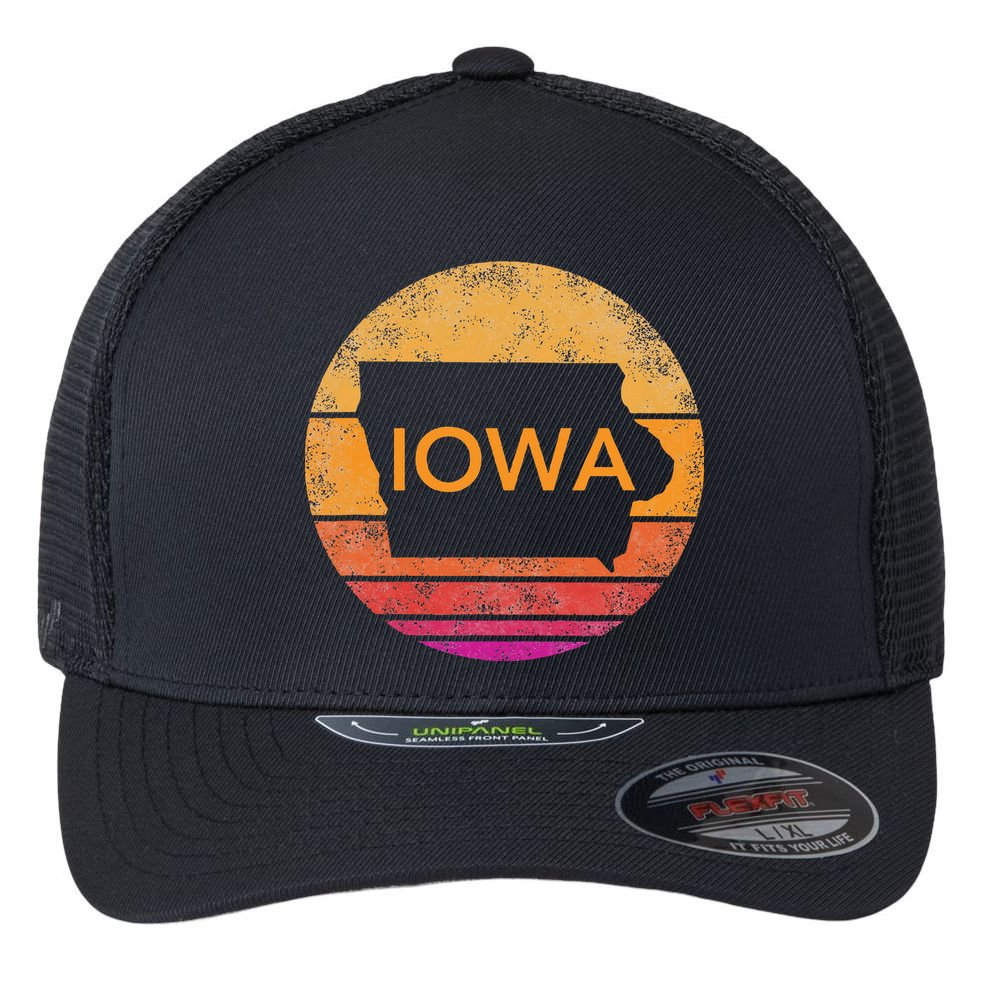 Iowa Retro Sunset  State Of Iowa Outline Flexfit Unipanel Trucker Cap