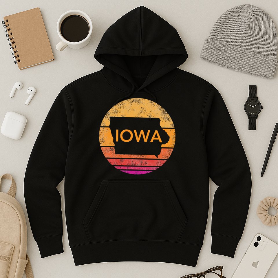 Iowa Retro Sunset  State Of Iowa Outline Hoodie
