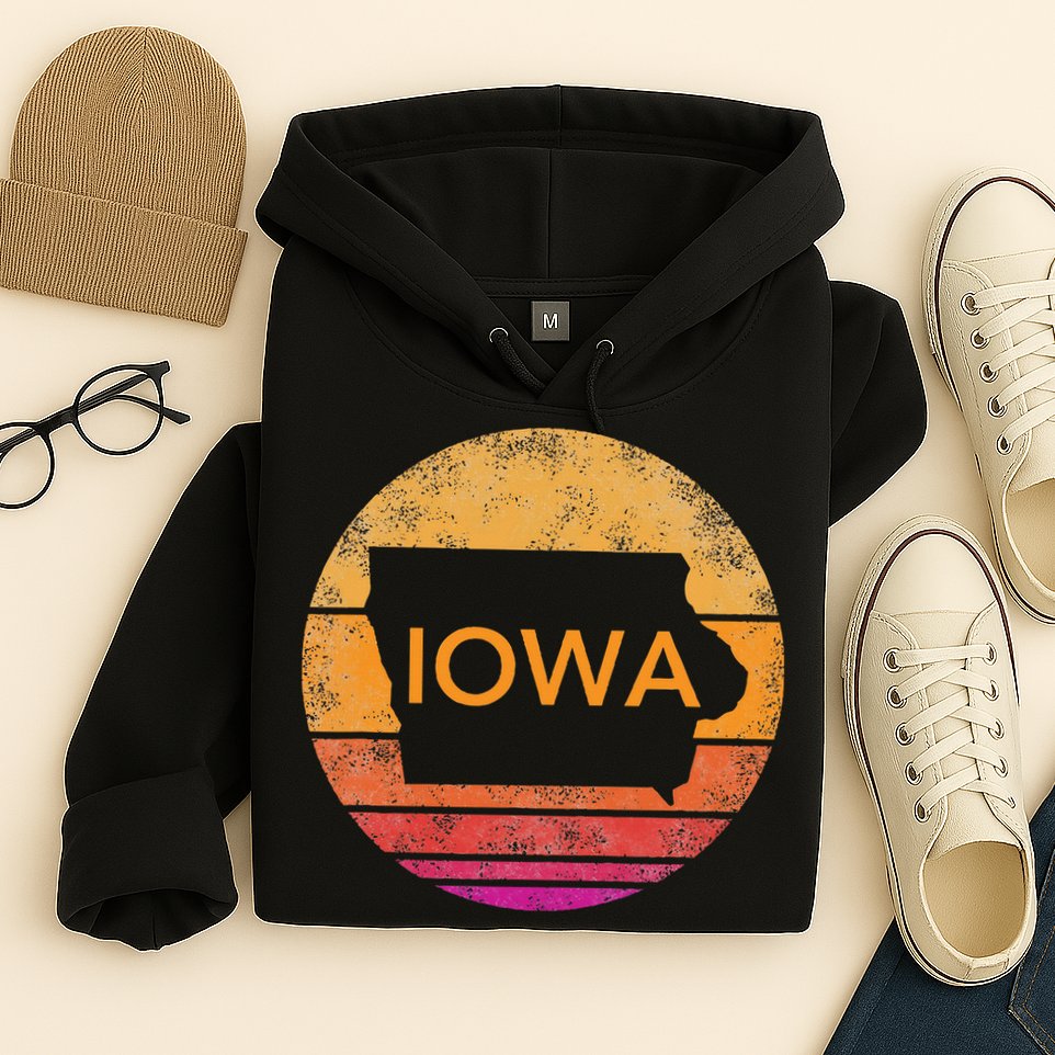 Iowa Retro Sunset  State Of Iowa Outline Hoodie