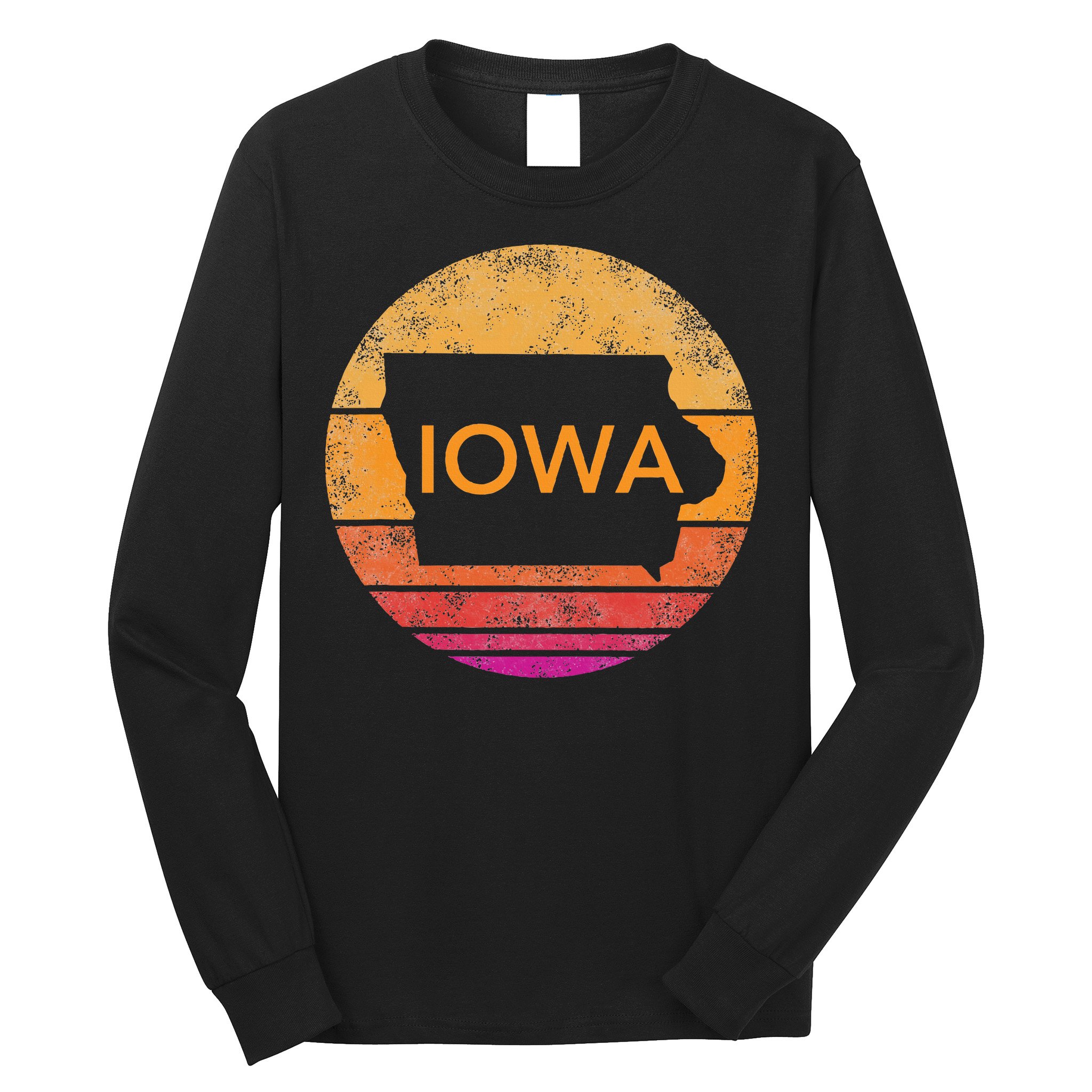 Iowa Retro Sunset  State Of Iowa Outline Long Sleeve Shirt