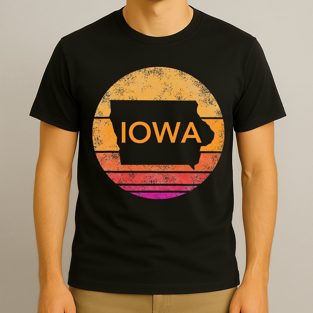Iowa Retro Sunset  State Of Iowa Outline T-Shirt