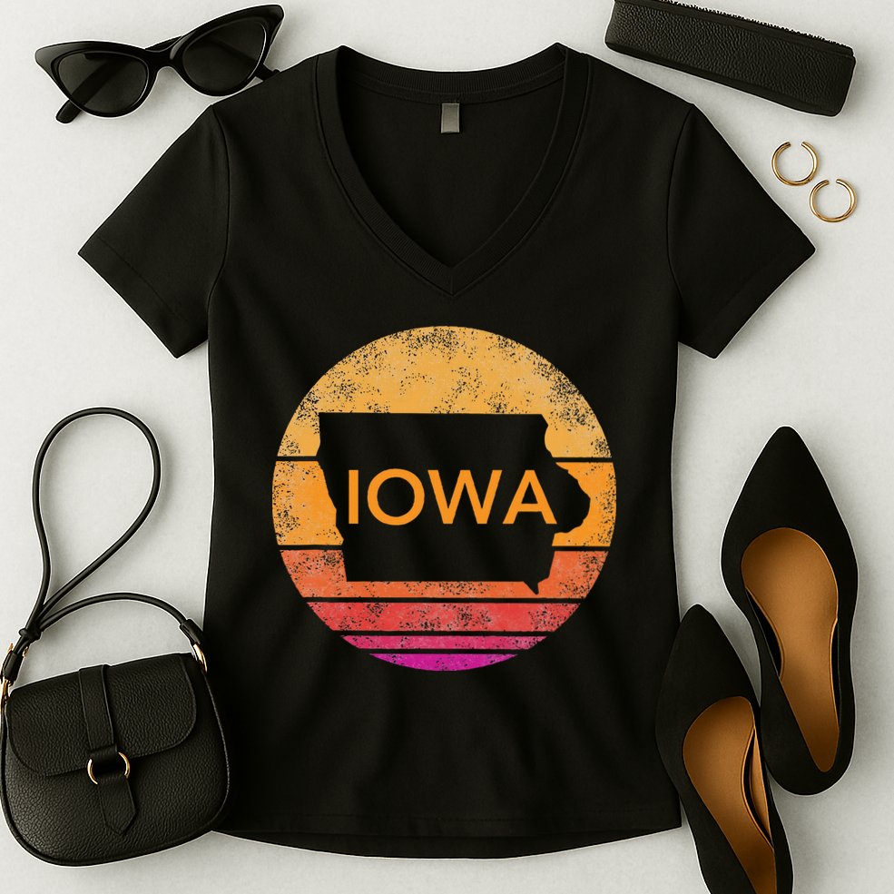 Iowa Retro Sunset  State Of Iowa Outline Women's V-Neck T-Shirt