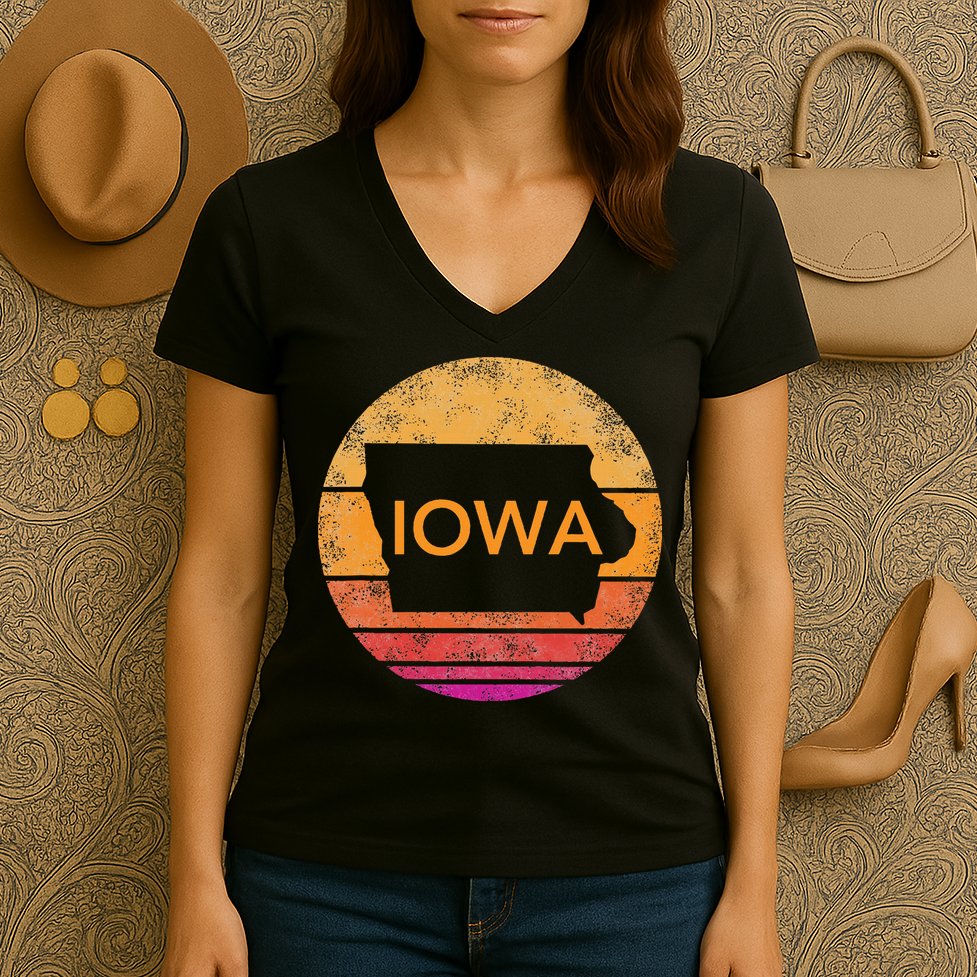 Iowa Retro Sunset  State Of Iowa Outline Women's V-Neck T-Shirt