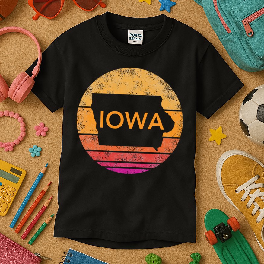 Iowa Retro Sunset  State Of Iowa Outline Kids T-Shirt