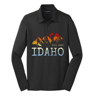 Idaho Retro Sunset Vintage Mountain Home Est 1890 Hiking Silk Touch Performance Long Sleeve Polo