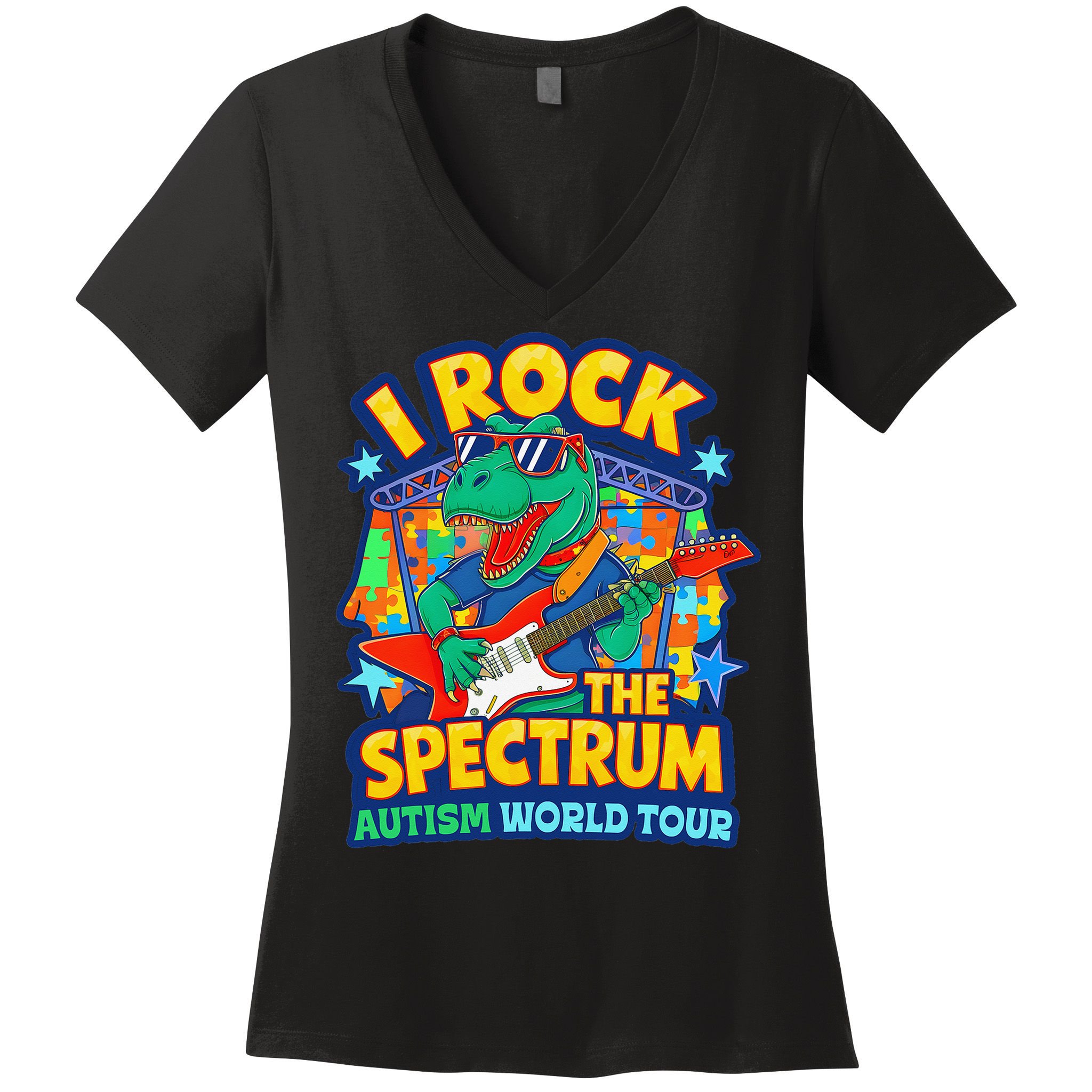 I ROCK THE SPECTRUM Rockin Autism Different Tune World Women's V-Neck T-Shirt