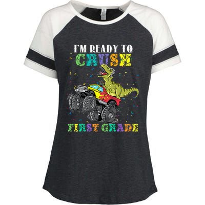 Im Ready To Crush First Grade Monster Truck Dinosaur Enza Ladies Jersey Colorblock Tee