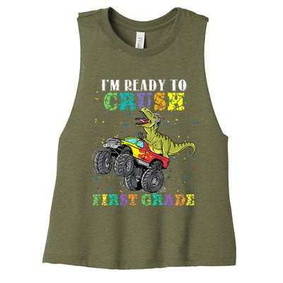 Im Ready To Crush First Grade Monster Truck Dinosaur Women's Racerback Cropped Tank