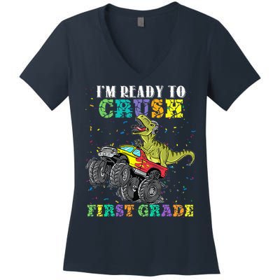 Im Ready To Crush First Grade Monster Truck Dinosaur Women's V-Neck T-Shirt