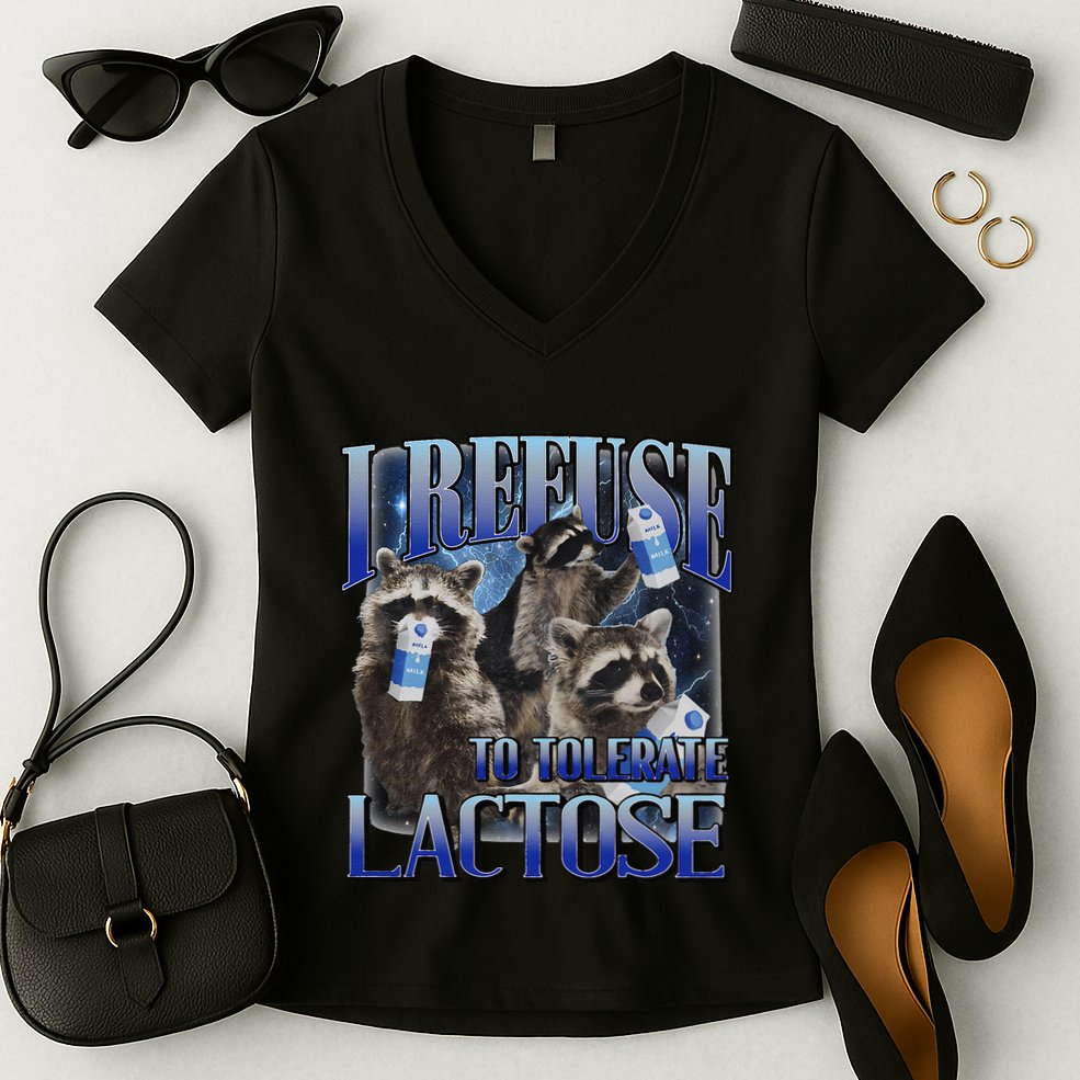 I Refuse To Tolerate Lactose Racoon Meme Lactose Intolerant Women's V-Neck T-Shirt