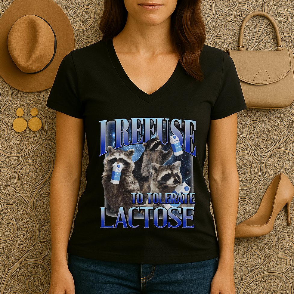 I Refuse To Tolerate Lactose Racoon Meme Lactose Intolerant Women's V-Neck T-Shirt