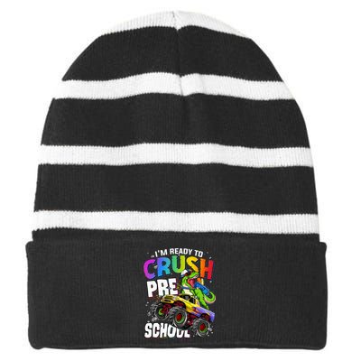 I'm Ready To Crush Preschool Dinosaur Back To School Striped Beanie with Solid Band